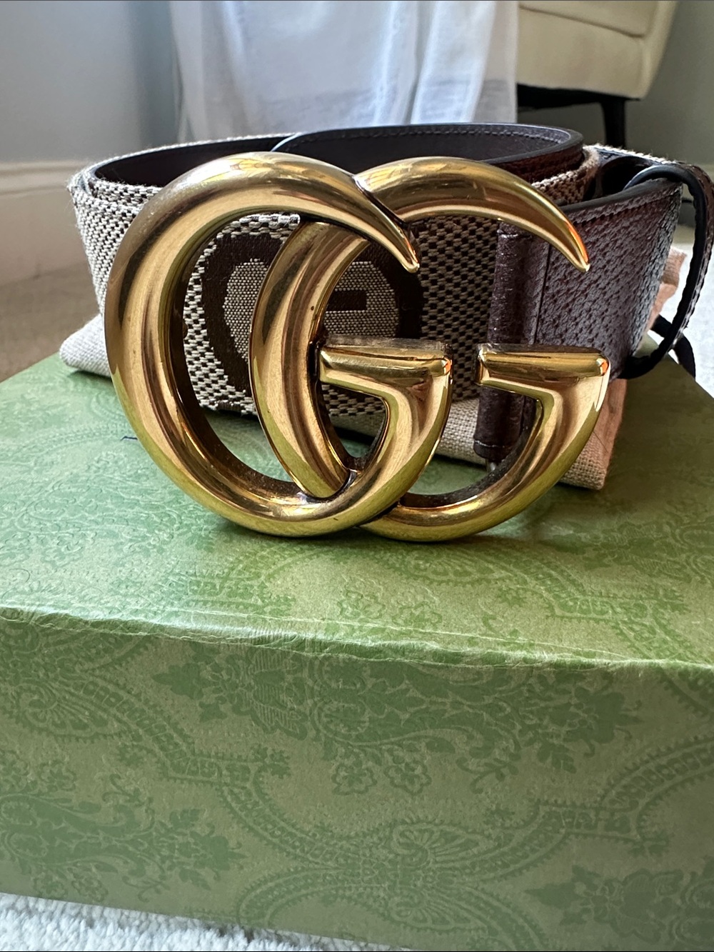 Gucci Brown & Beige Big GG Canvas Belt with Gold Double G Buckle